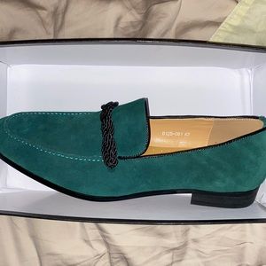 Green suede moccasin dress shoes